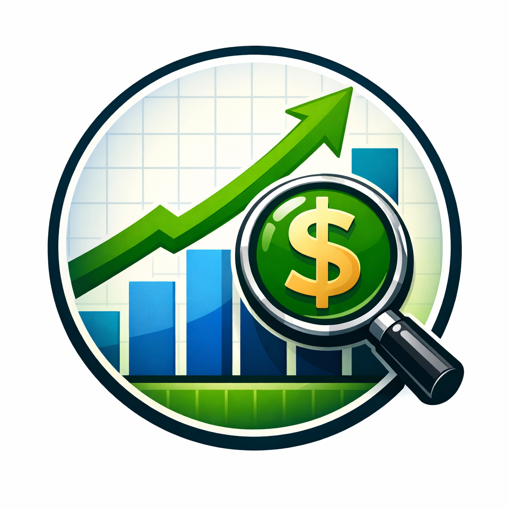 a circle with a graph with a magnifying glass that has a  sign in it to symbolize maximize savings